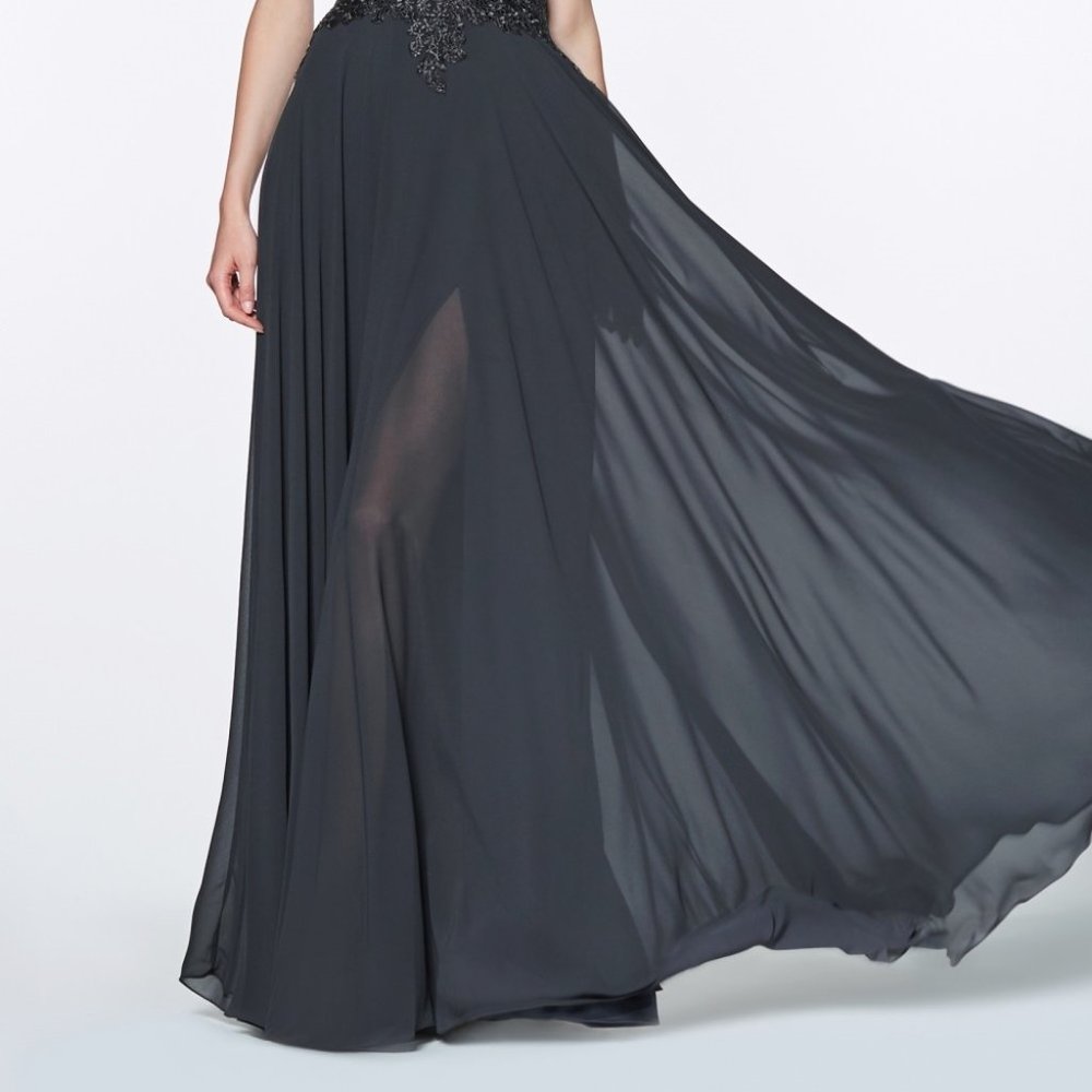 NEW BLACK A-LINE OFF THE SHOULDER LONG CHIFFON GOWN WITH SLIT ON THE SKIRT 7258 - Picture 2 of 8